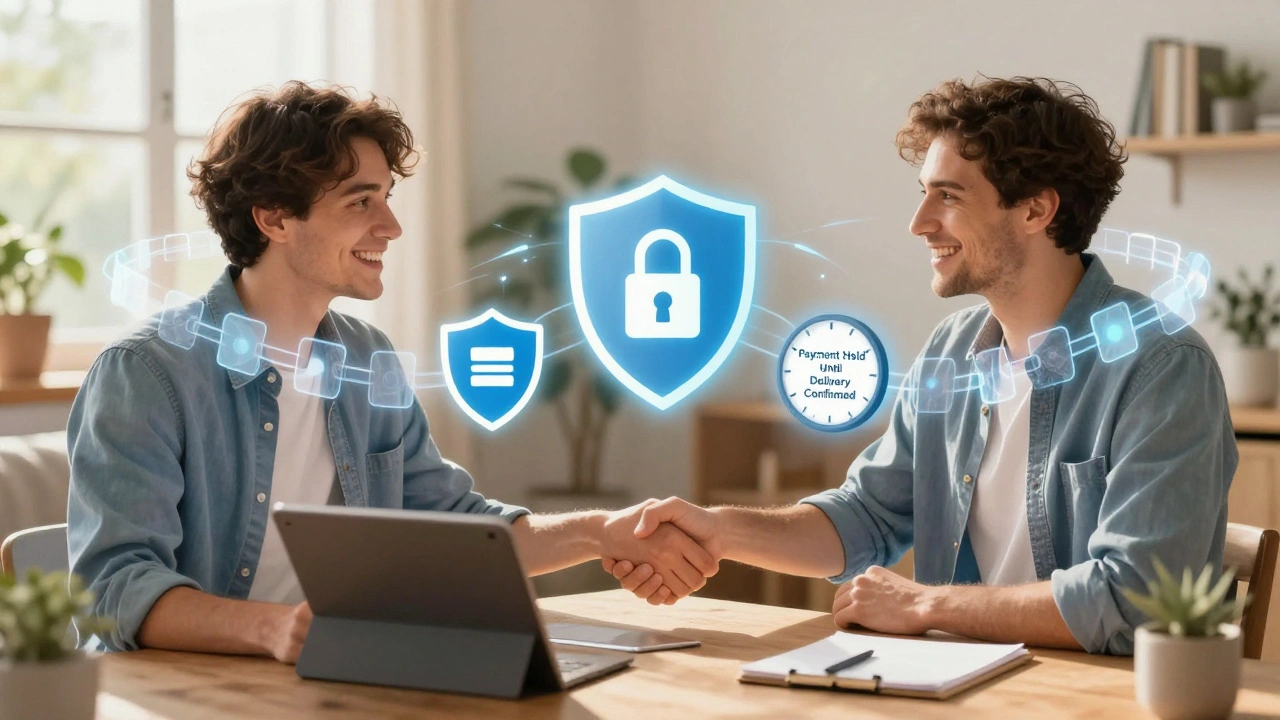 A buyer and seller connect through a digital interface with blockchain verification and escrow protection.
