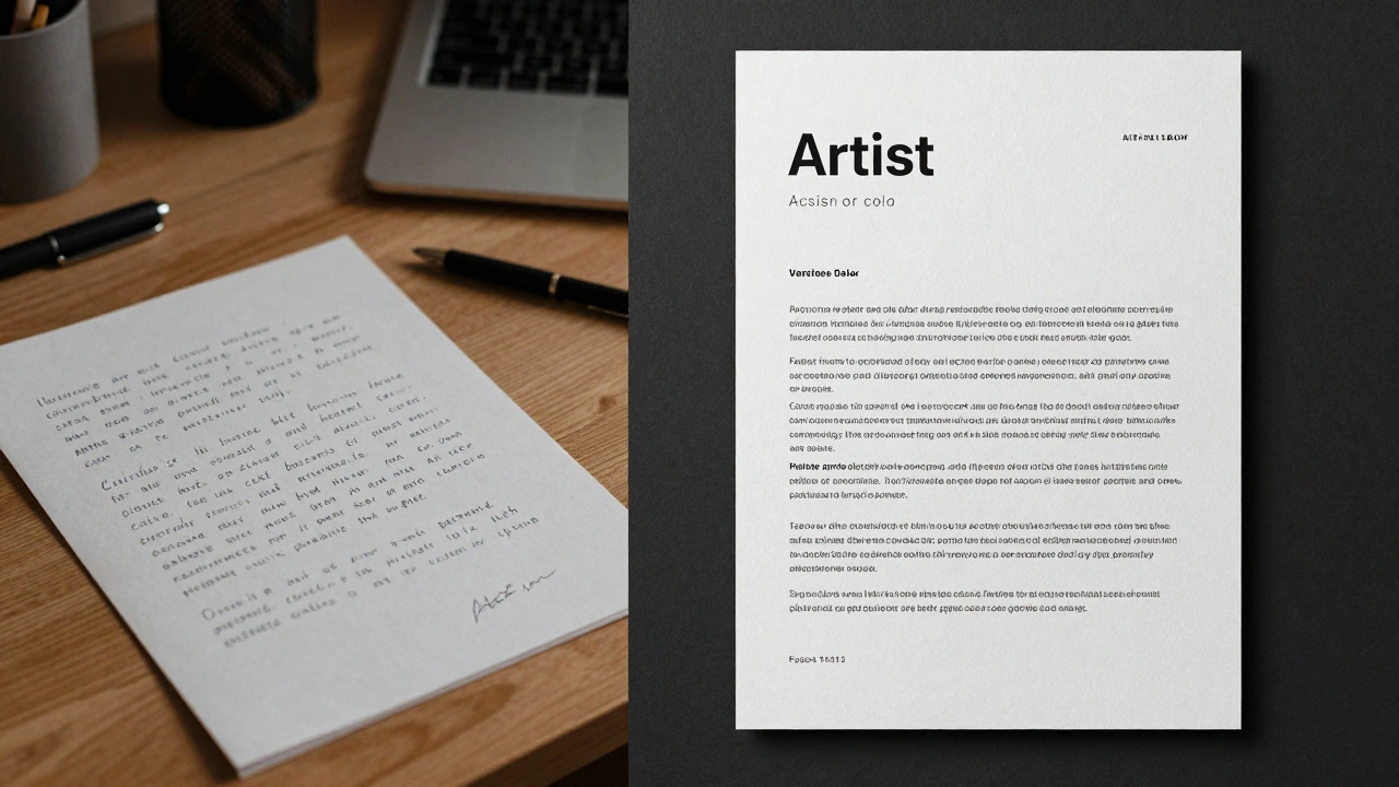 A comparison of a vague, cliché-filled artist bio versus a refined, professional version.