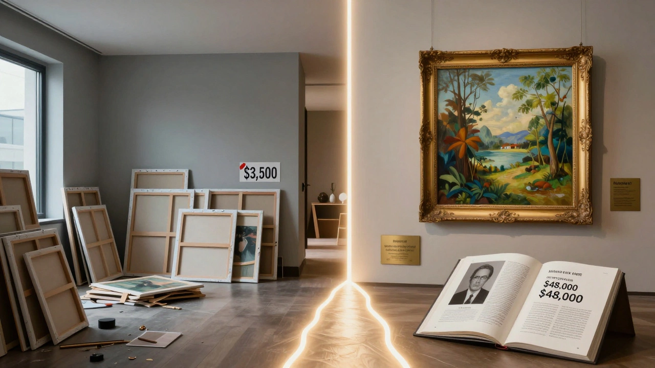 A painting transitioning from an artist’s studio to a high-value auction listing.