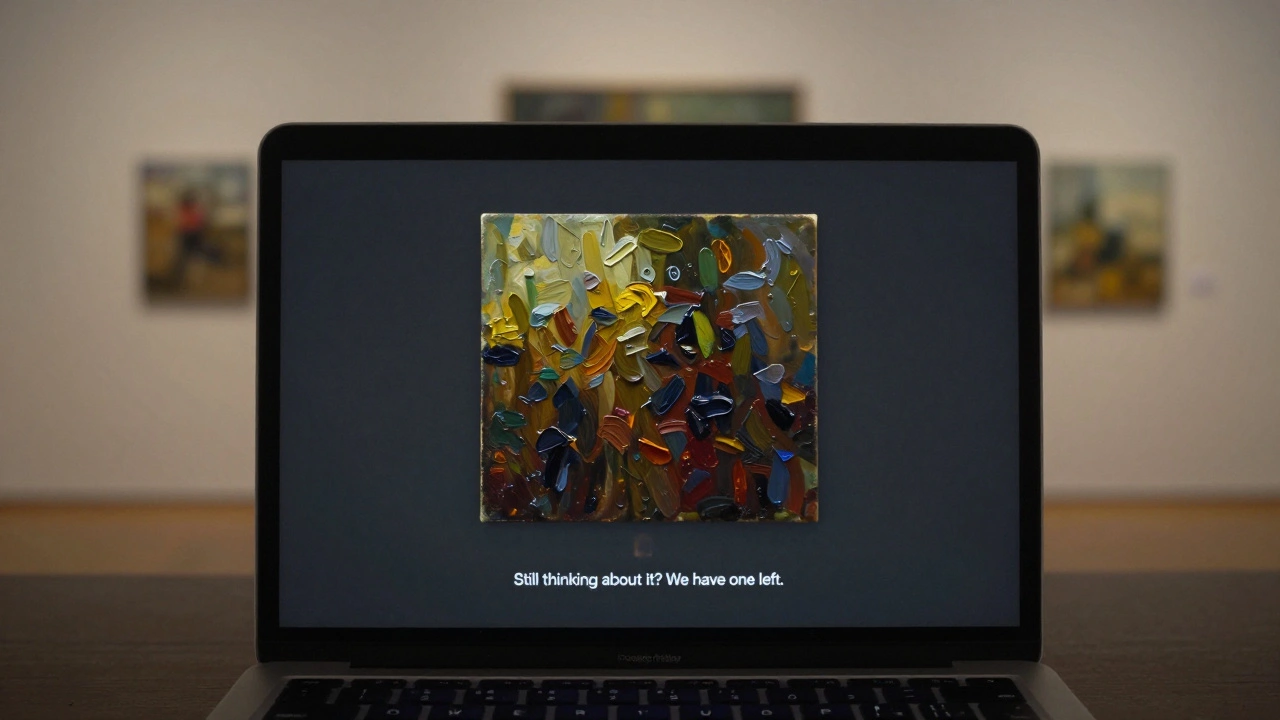 A single striking painting on a dark screen with subtle text: 'Still thinking about it? We have one left.'
