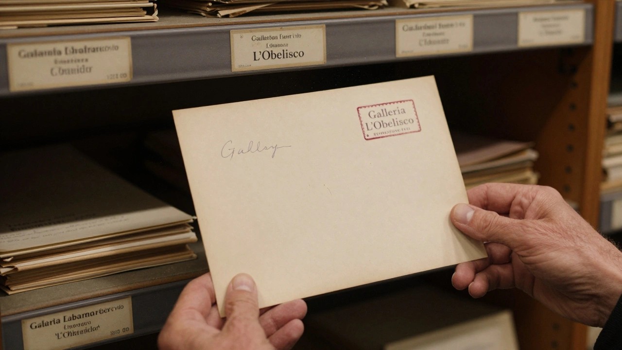 A vintage photograph with a faded gallery stamp on its back, held by aged hands among archival shelves.