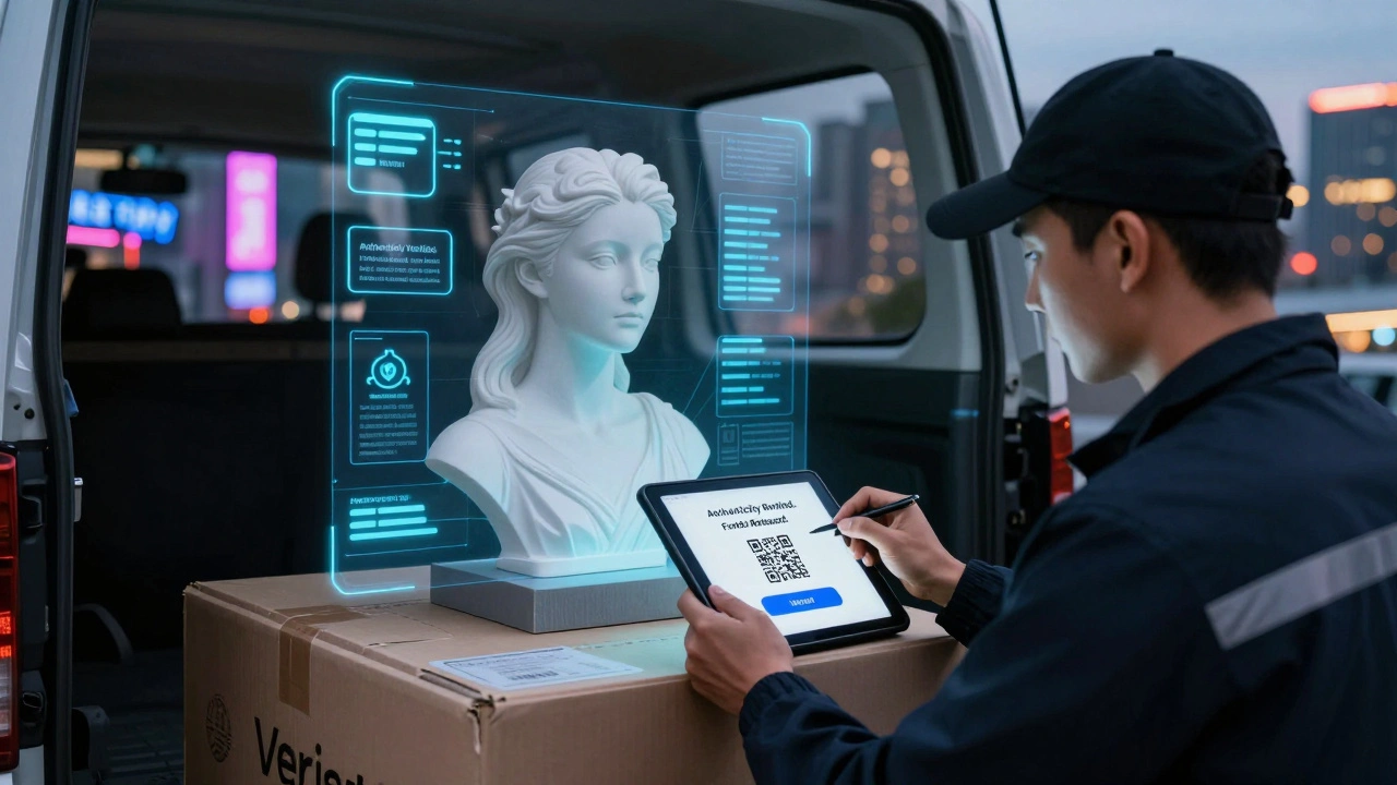 An art courier scans a QR code, triggering verification of artwork authenticity and release of funds.