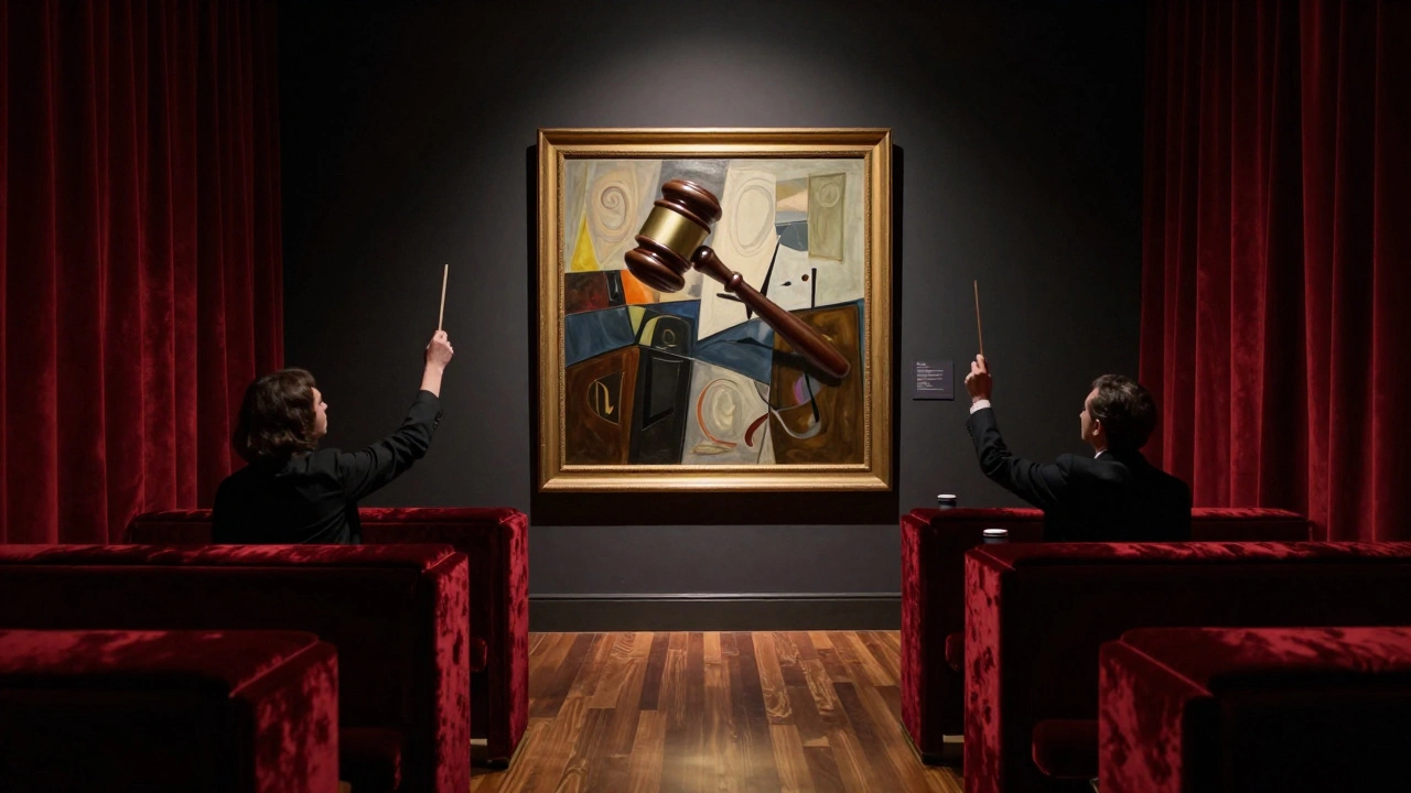 An auctioneer swinging a gavel over a painting under spotlight in a grand hall.