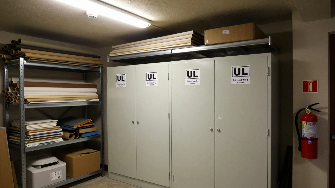 Compliant storage room with flammable liquid cabinets and elevated metal shelving, smoke detector visible overhead.