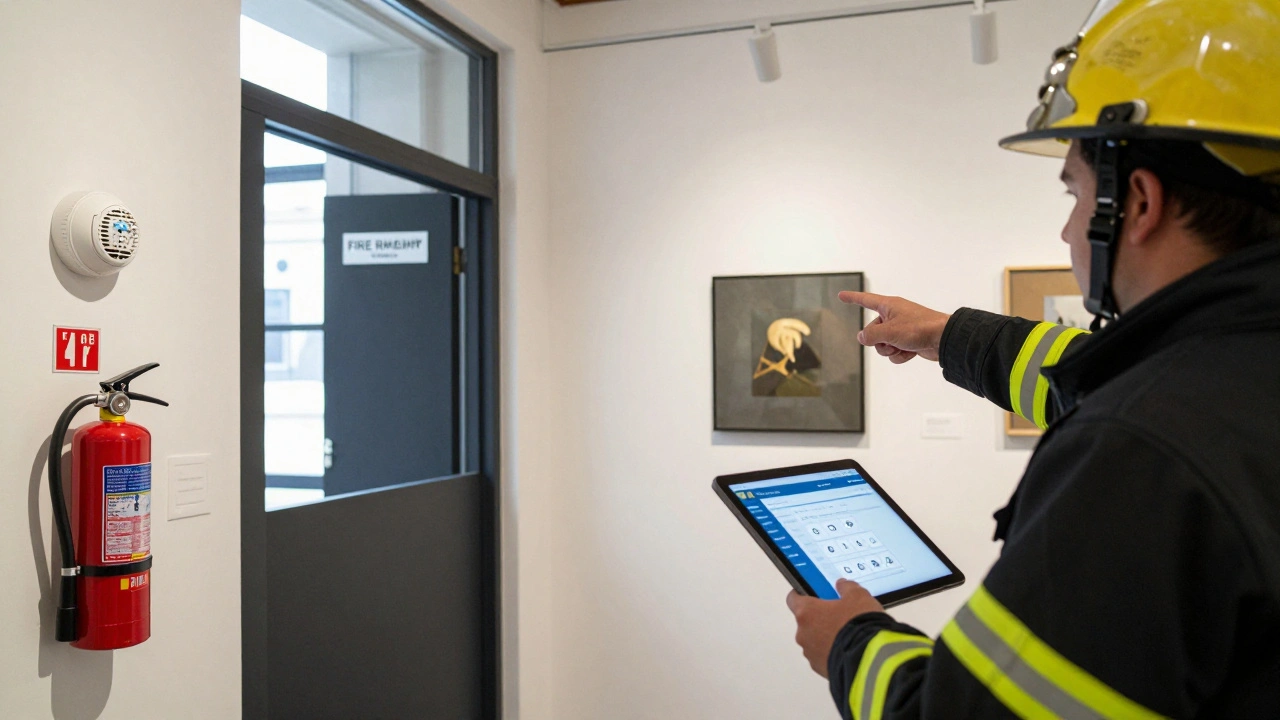 Fire marshal inspecting a gallery’s fire-rated door and extinguisher, with smoke alarms and artwork properly installed.