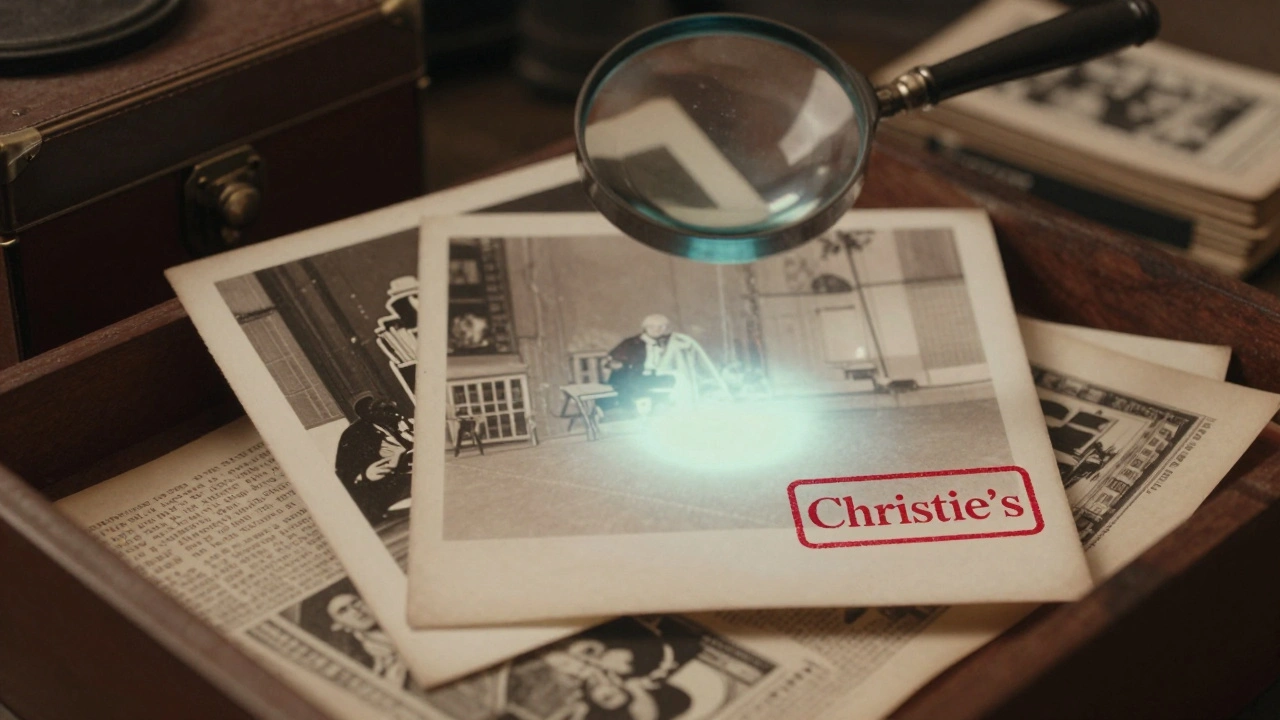 Three transparent layers showing a historic print, an auction stamp, and UV light revealing authenticity.