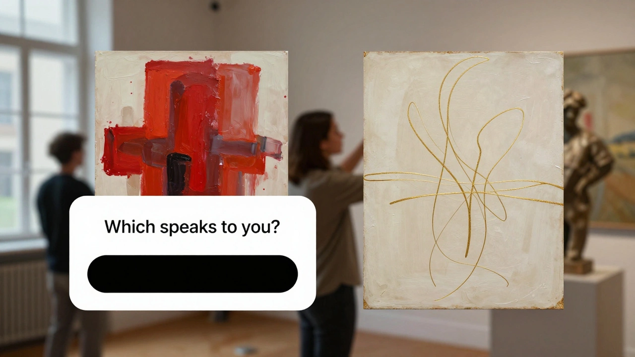 Two abstract paintings side by side with a poll overlay, behind a curator adjusting a sculpture in soft light.