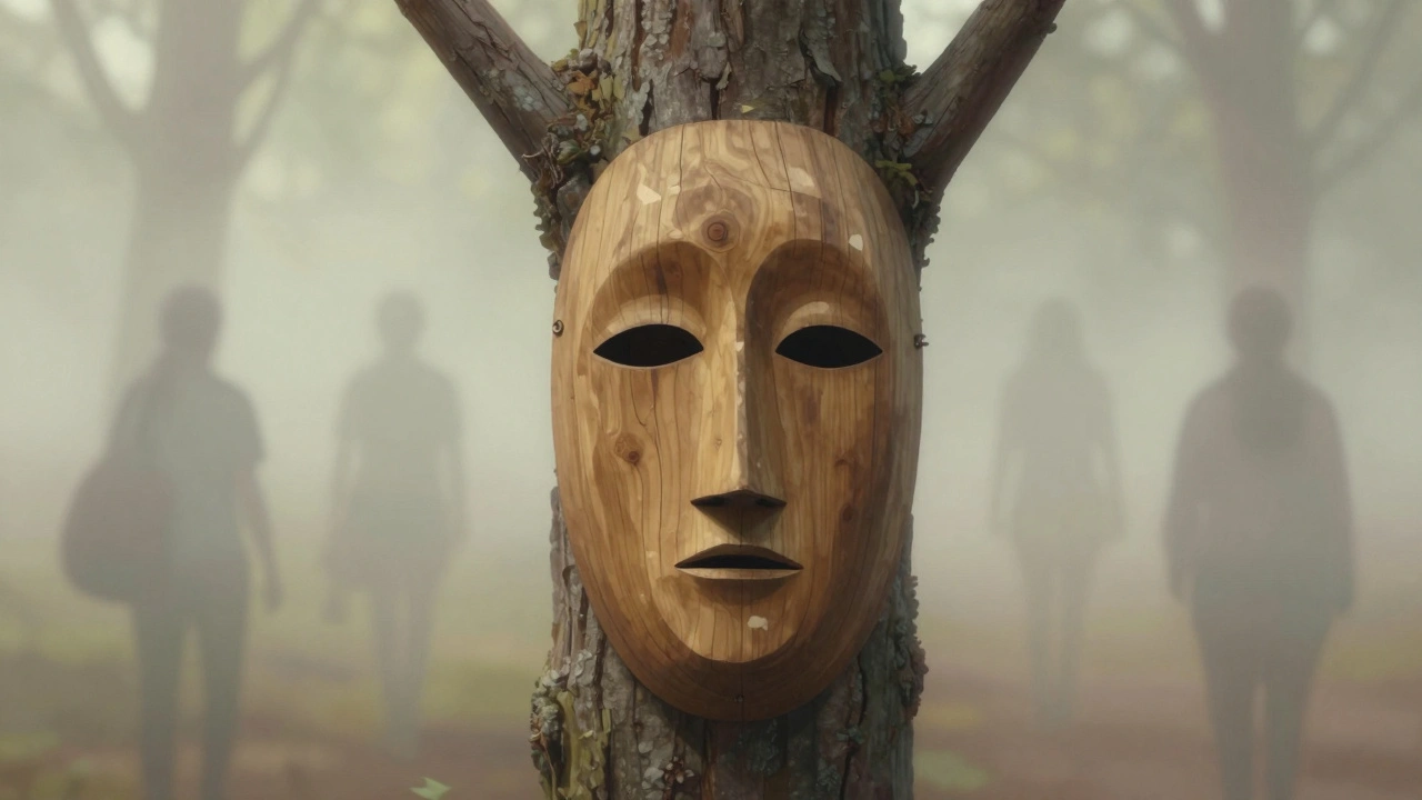 A carved wooden mask with visible tree grain and scars, standing alone as faint figures fade into mist around it.