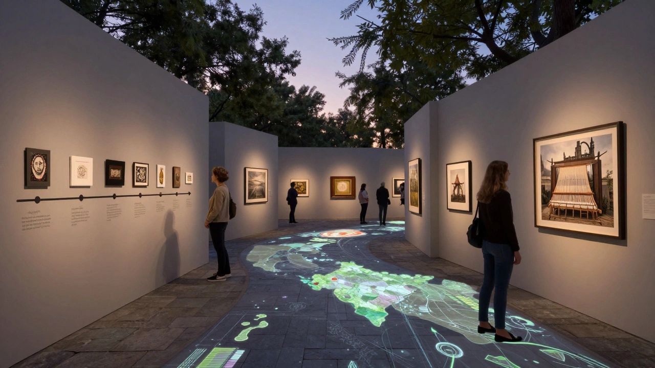 A cinematic virtual gallery with themed rooms, ambient lighting, and interactive timelines of global textile traditions.