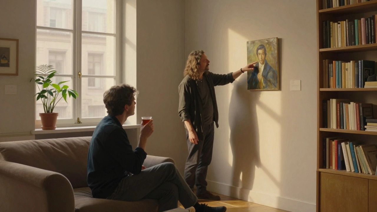 A collector and gallery owner share tea while discussing a painting in a sunlit, peaceful gallery.