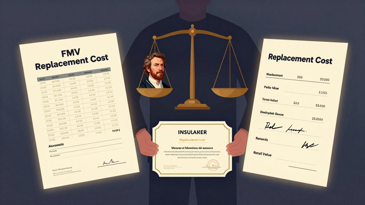 A collector between floating panels representing FMV and retail value, with replacement cost as a shadowy balance.