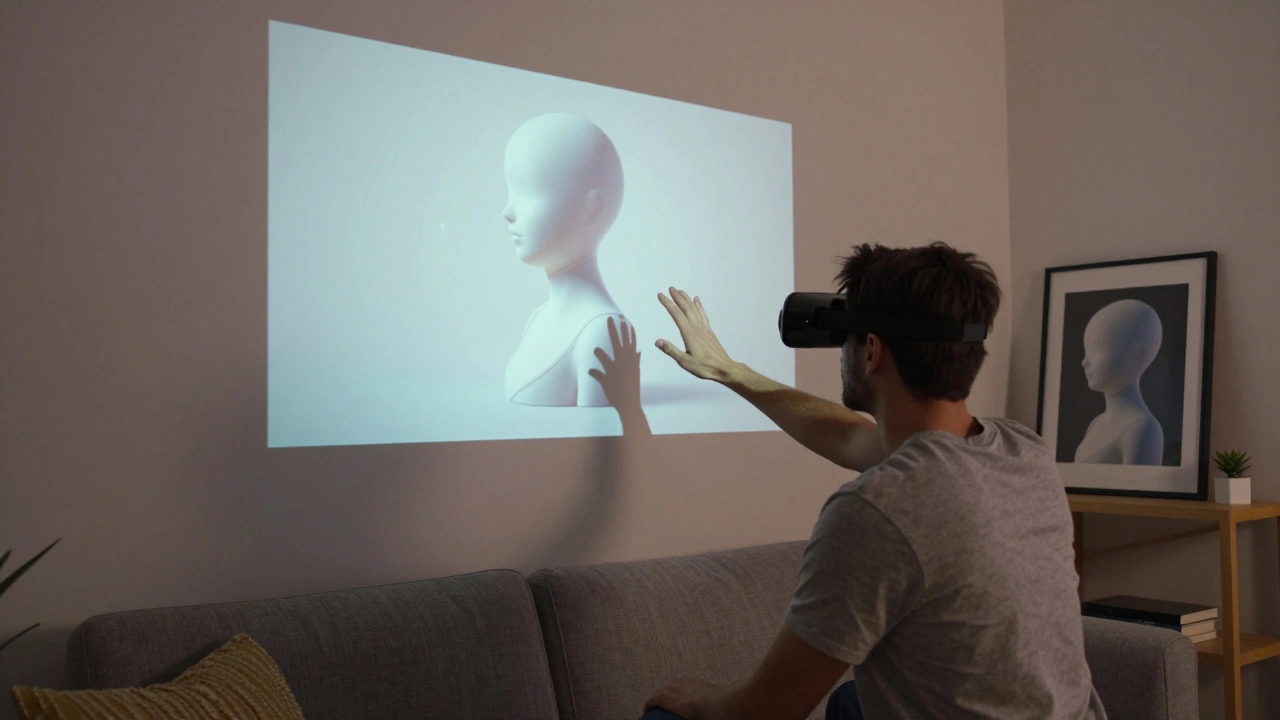 A collector uses augmented reality to place a digital sculpture in their living room, with a physical print nearby.
