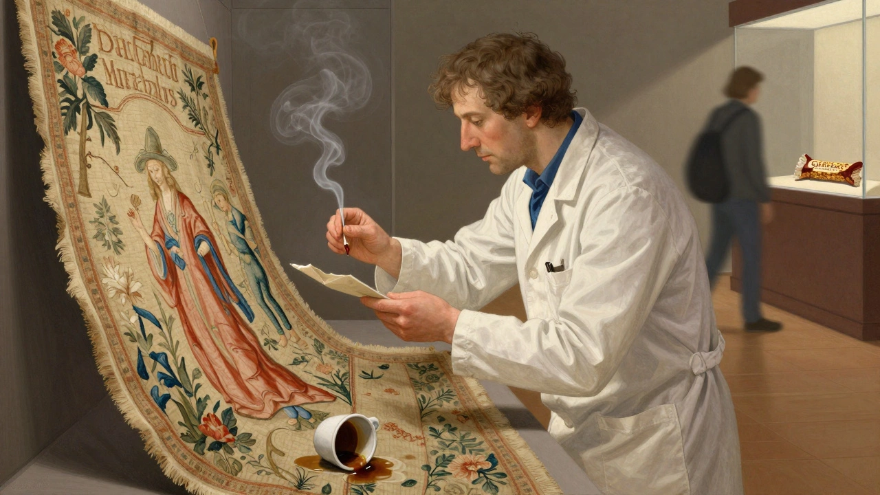 A conservator examining a tapestry while a spilled coffee cup symbolizes damage risks nearby.