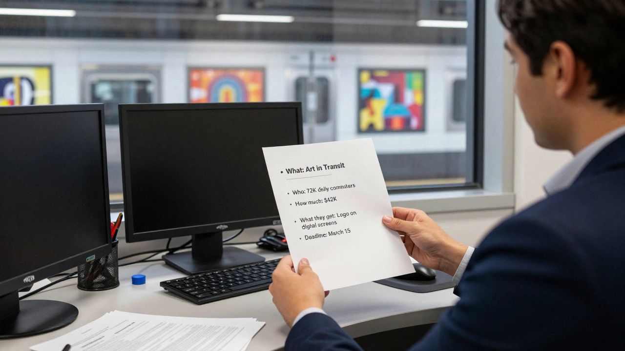 A corporate professional holding a one-page sponsorship summary with clear bullet points on a cluttered desk.