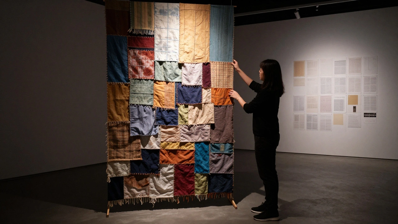 A curator examining a textile artwork made from recycled clothing scraps, with unopened submissions piled behind.