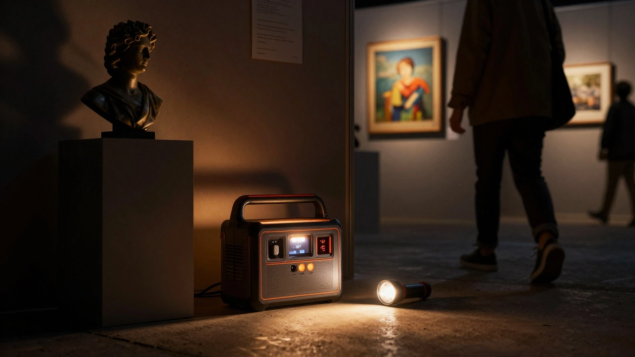 A dark art booth suddenly lit by a portable power station, revealing a sculpture as a visitor stops to admire it.