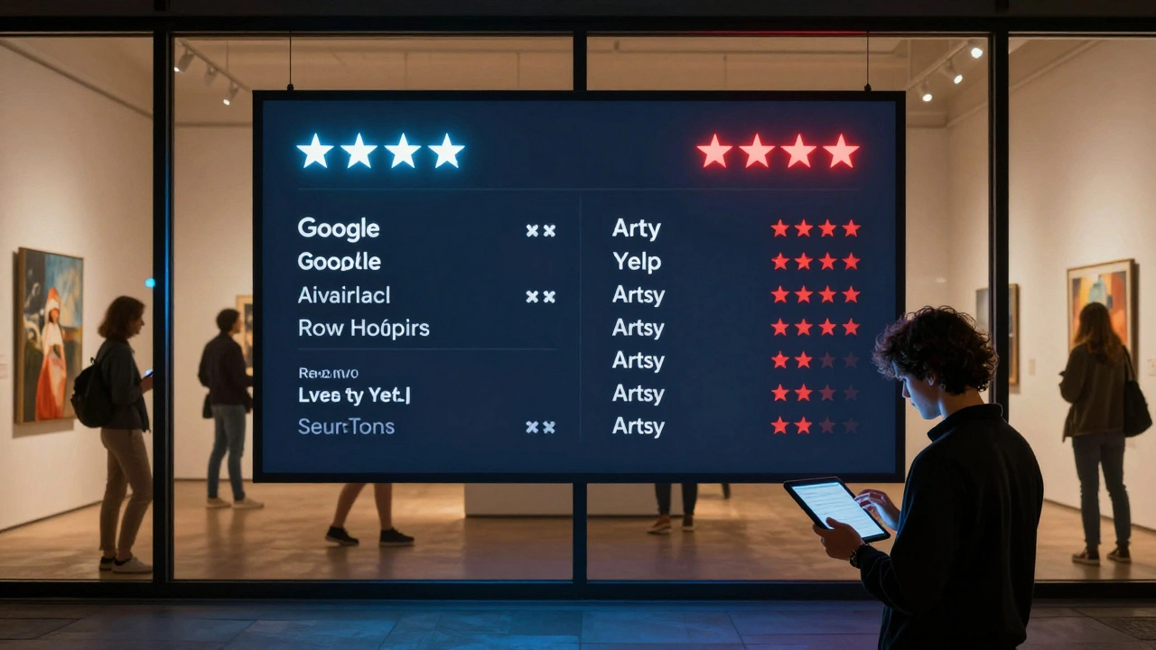 A digital review dashboard hovers above a gallery entrance as the owner responds to feedback.