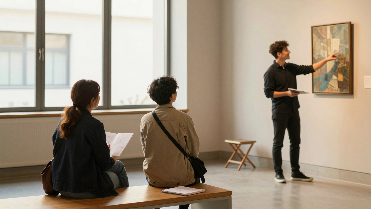 A docent guiding a sketcher in a well-lit museum corner, with others observing peacefully nearby, all respecting the quiet space.