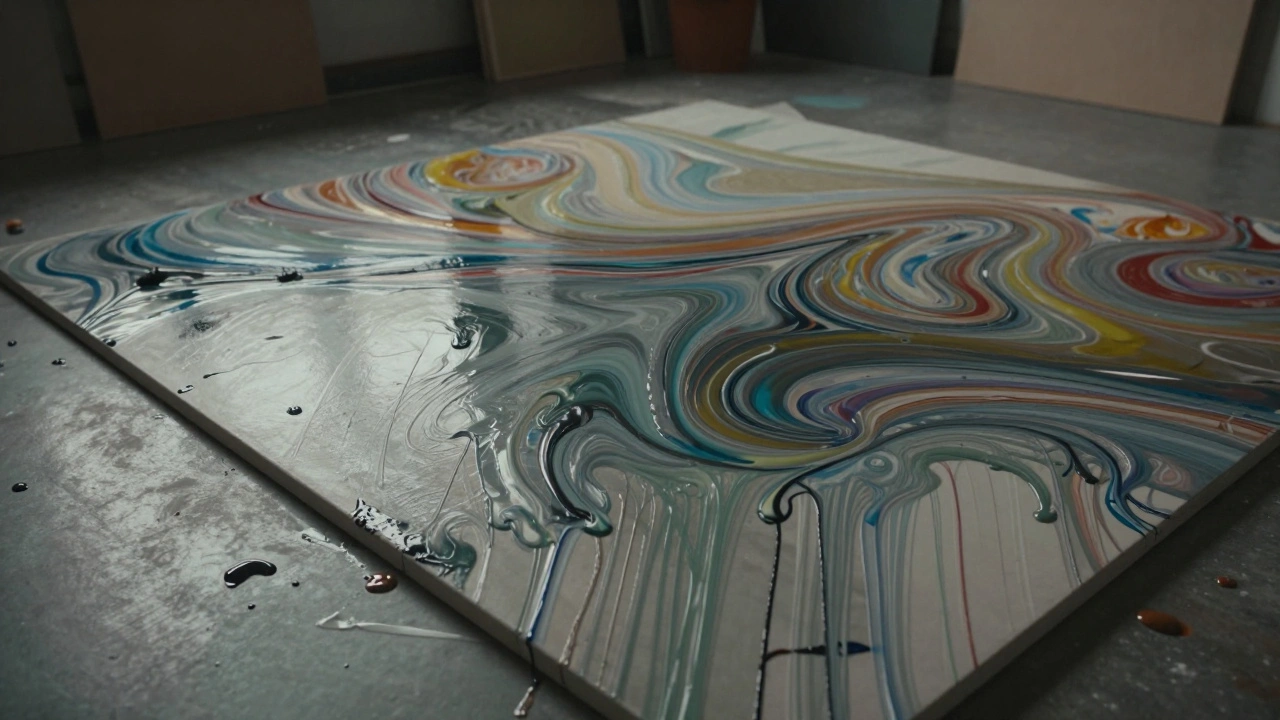 A floor-sized canvas with swirling paint drips, no brush visible, lit by soft studio light.