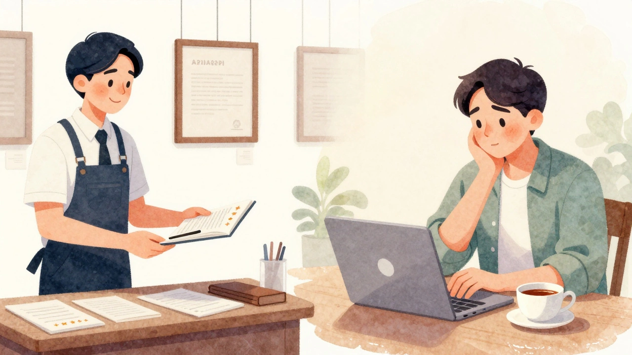 A gallery staff member offers a catalog to a visitor, contrasting with the same visitor happily leaving a positive review at home.