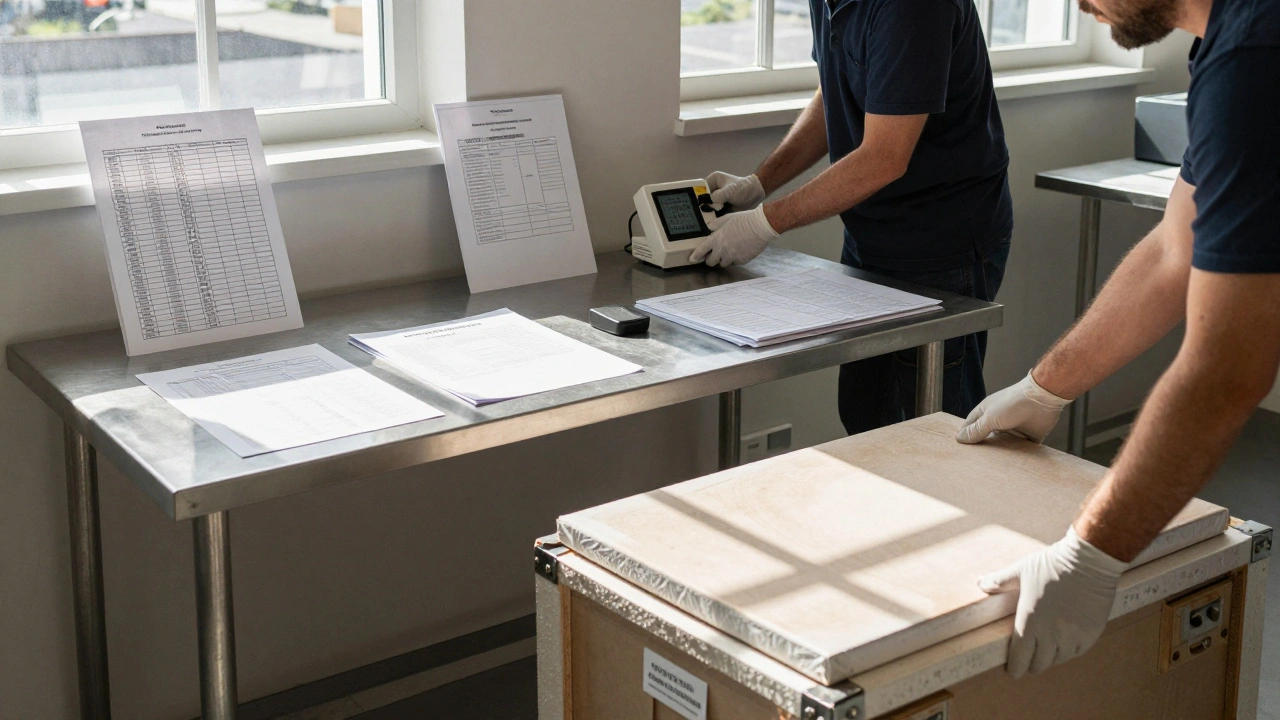 A gallery technician calibrating a humidity sensor beside climate logs and preparing a canvas for shipment with proper gloves and labeling.