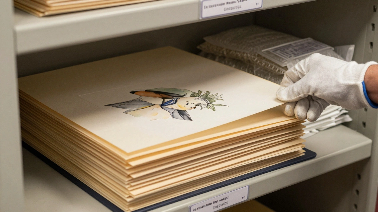 A hand in cotton gloves opening an acid-free storage folder with delicate artwork inside.