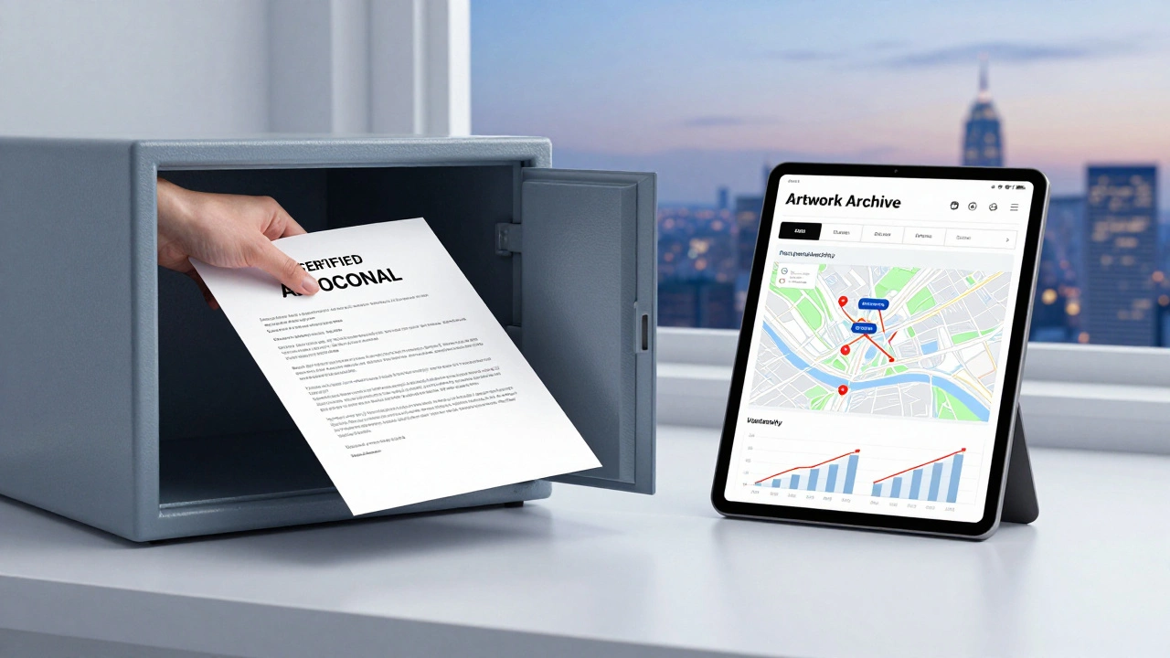 A hand placing an appraisal document into a safe deposit box while a tablet shows a digital art collection tracker.