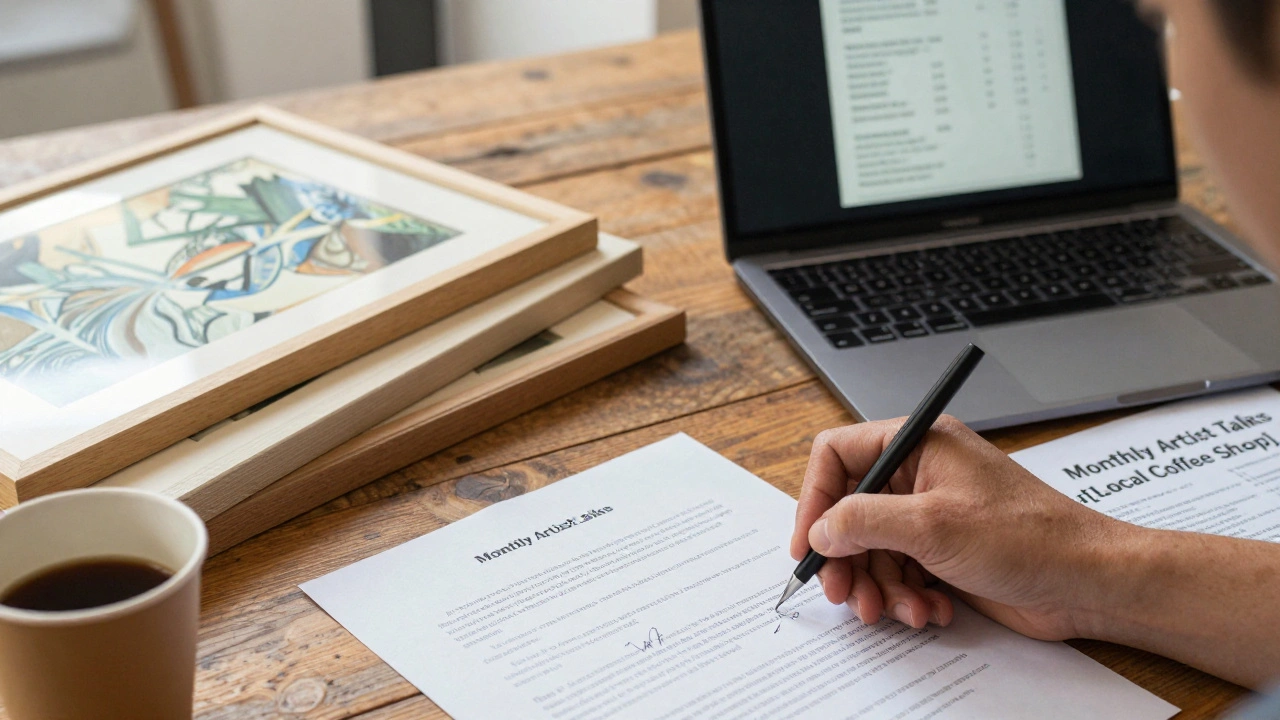 A hand signing a contract beside framed art, a waitlist on laptop, and a flyer for artist talks at a coffee shop.