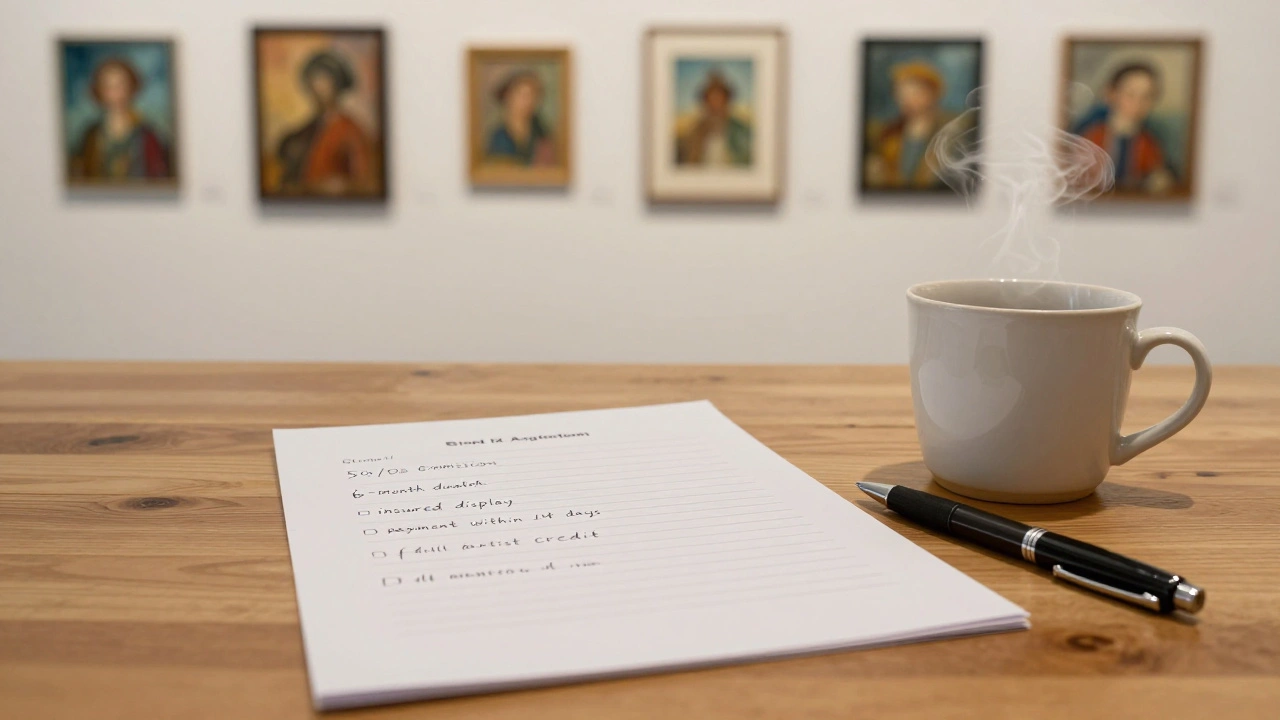 A handwritten gallery agreement on a wooden desk, with a mug and pen nearby.