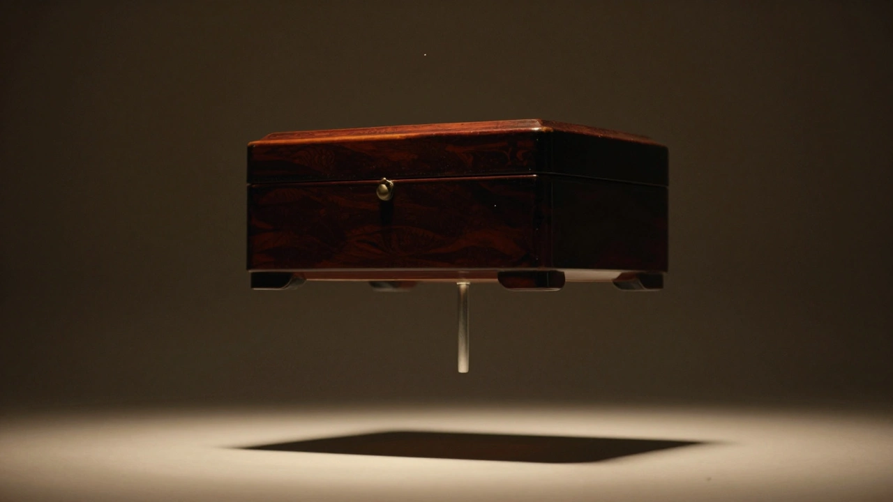 A lacquer box seemingly floating in air, supported by an invisible aluminum rod hidden in its base.