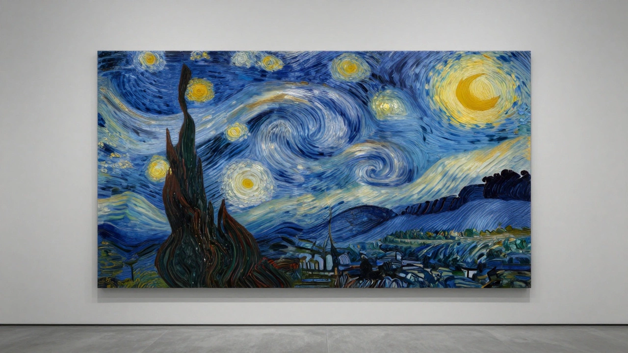 A large thermochromic painting that changes color when approached, blending Van Gogh-inspired strokes with modern technique.