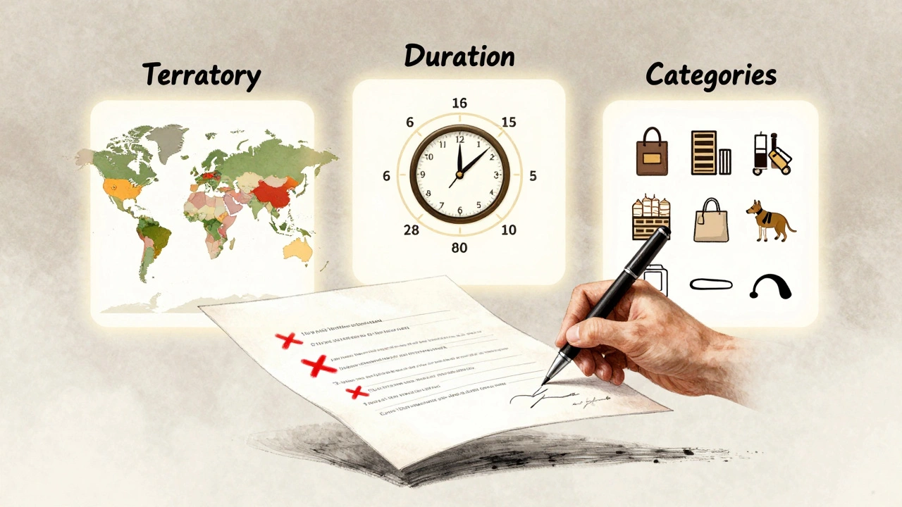 A legal contract with glowing labels for territory, duration, and categories, highlighting vague terms with red Xs.