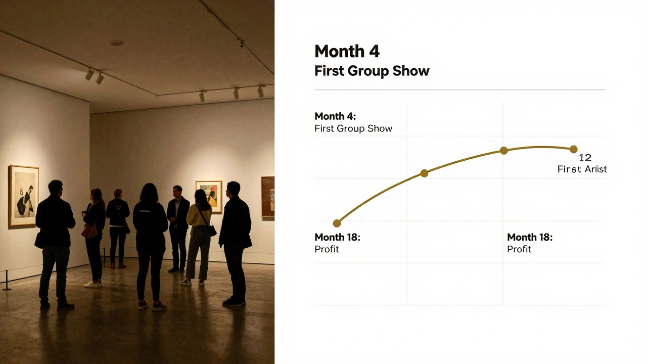 A modern art gallery interior with a timeline overlay showing key milestones from launch to profitability.