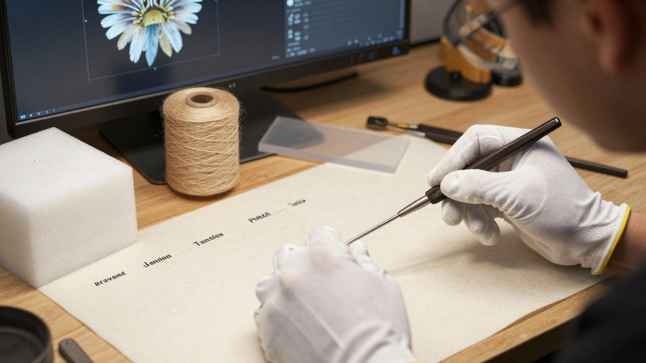 A mountmaker’s hands shaping stainless steel support components with archival materials laid out nearby.