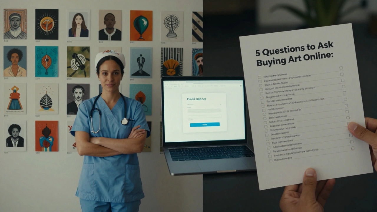 A nurse stands before a wall of 20 affordable art pieces, while a hand holds a checklist for buying art online.
