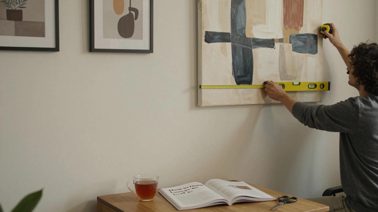 A person hanging a large abstract painting in a small apartment, with a guidebook and tea on the table nearby.