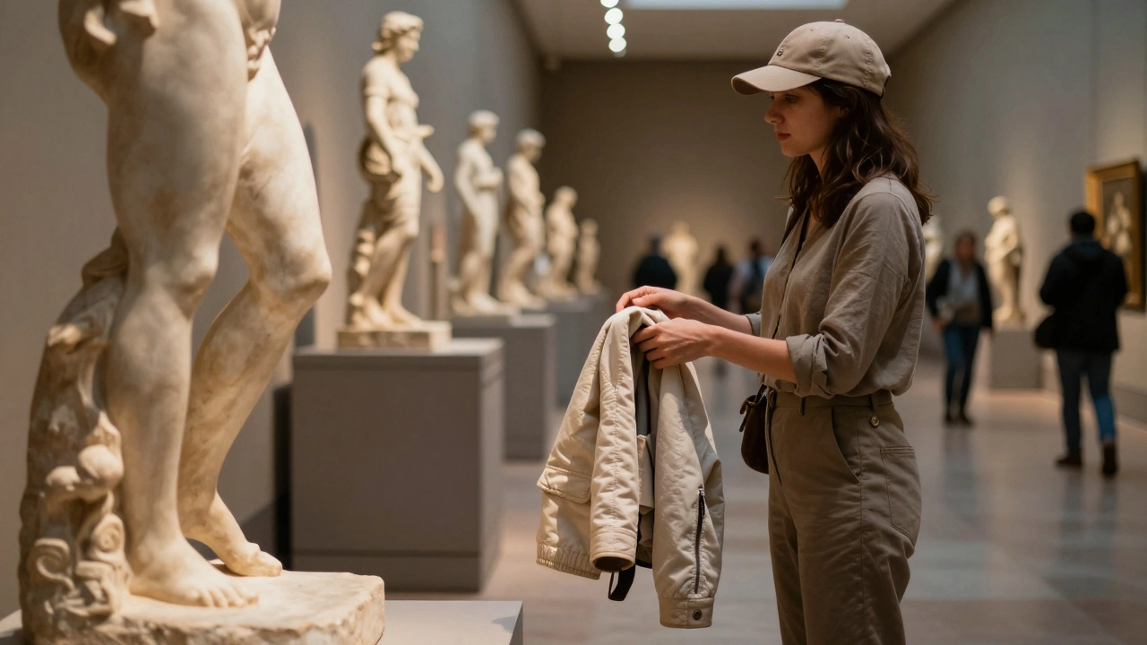 A person holding a light jacket beside a sculpture, wearing modest attire under museum lighting.