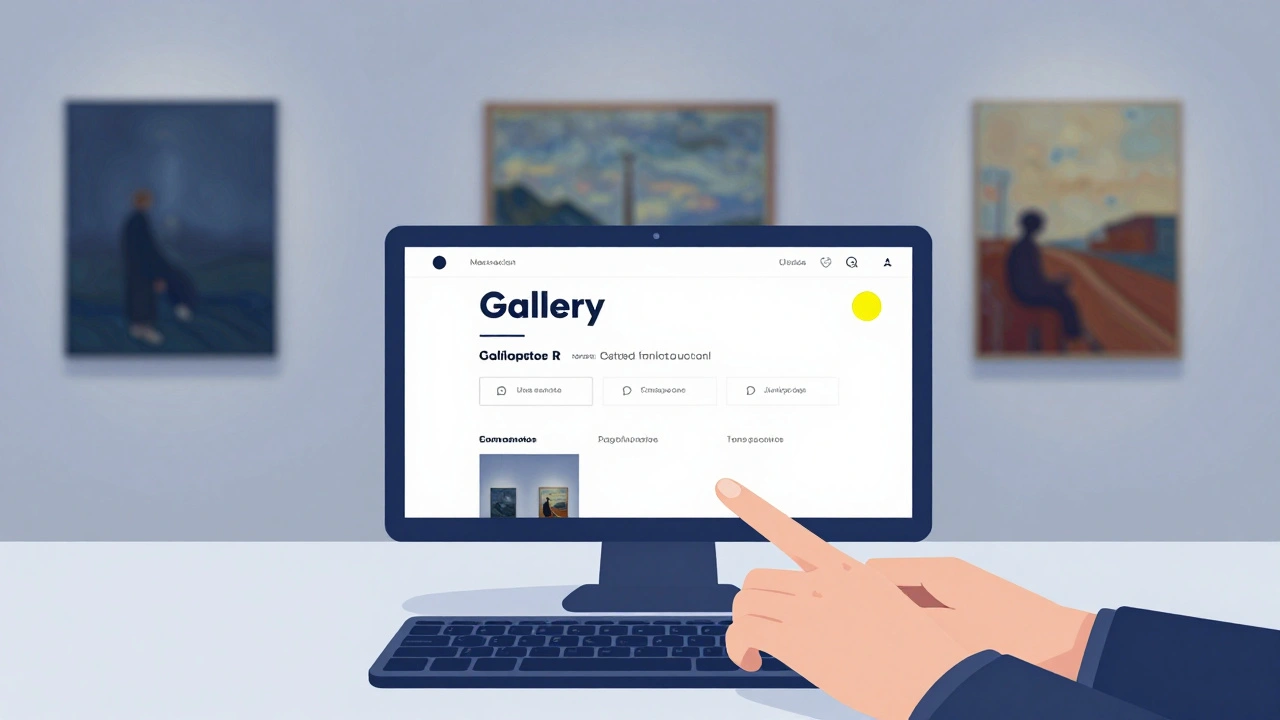 A person navigates an art website using only a keyboard, with focus rings highlighting accessible menu items and a trapped popup in the background.