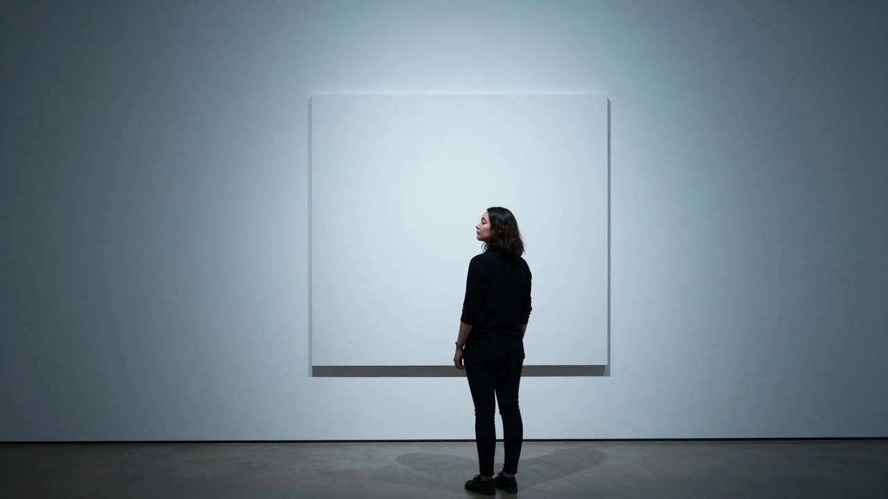A person standing silently before a blank canvas in a modern art gallery, lost in thought.