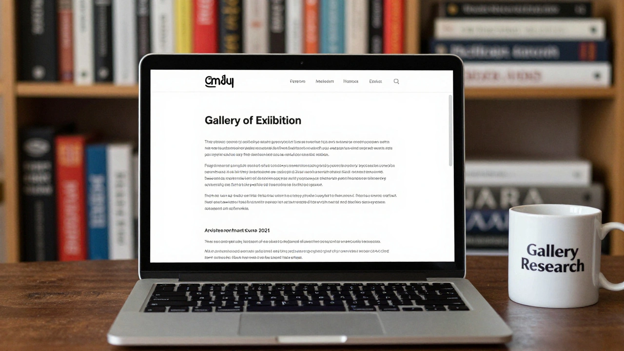 A personalized email on a laptop referencing a gallery's past exhibition with a clean website link.
