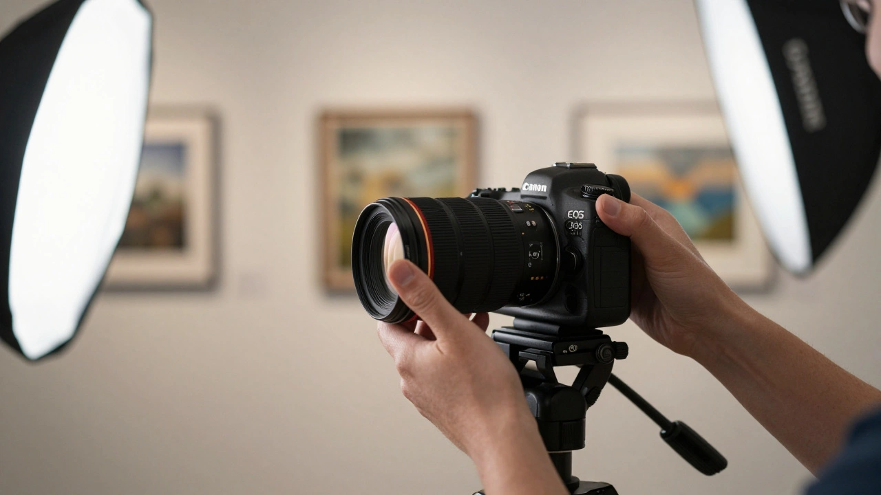 A photographer adjusting a macro lens and color calibration tool in a gallery, with LED lights and tripod in focus.