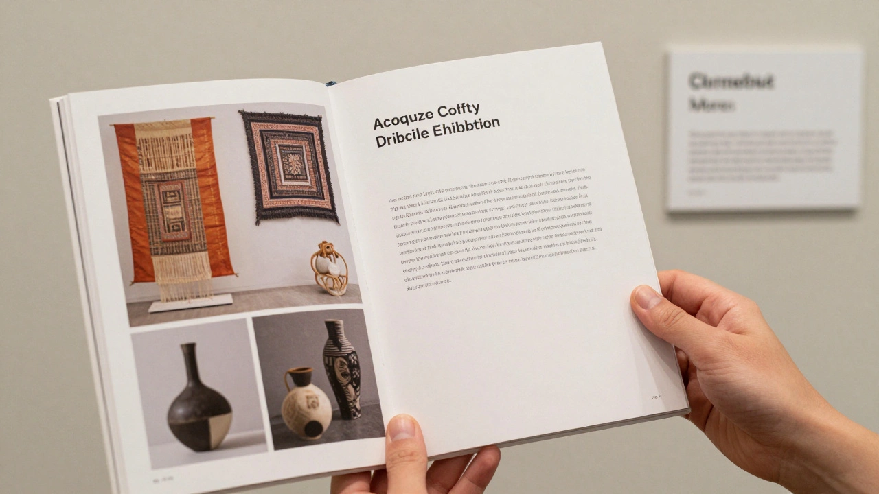 A printed artist bio beside an exhibition catalog, set in a museum context with clean typography.