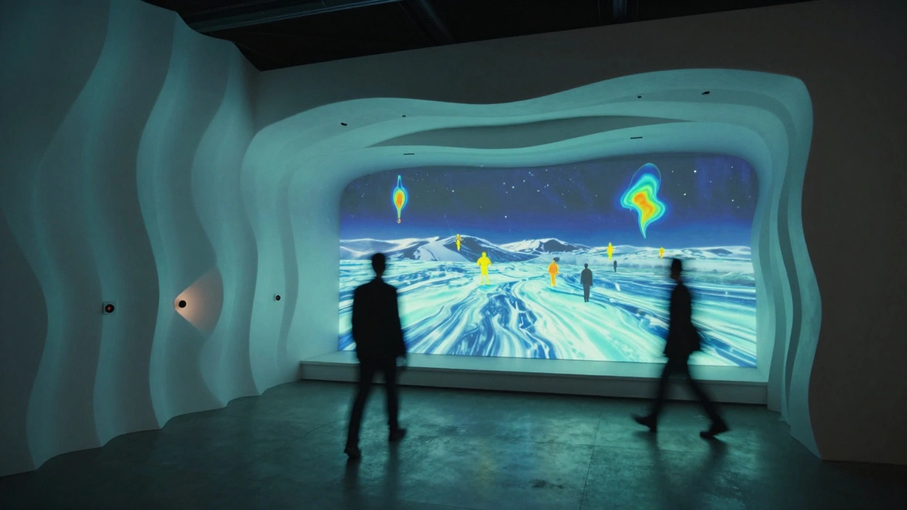 A responsive curved wall ripples as a visitor approaches, revealing hidden lighting and speakers within a deep niche, while a glacier video projection glows on a sloped floor.