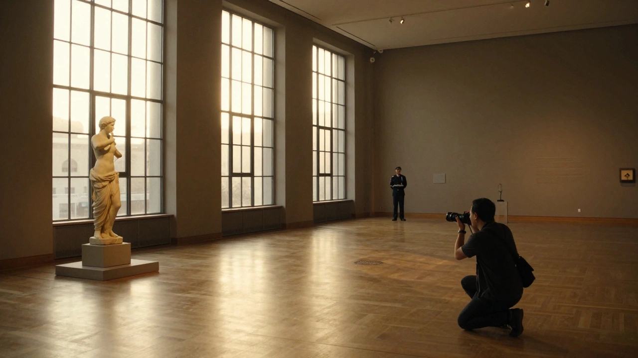 A sculpture bathed in golden evening light inside an empty museum gallery, with no camera in view.