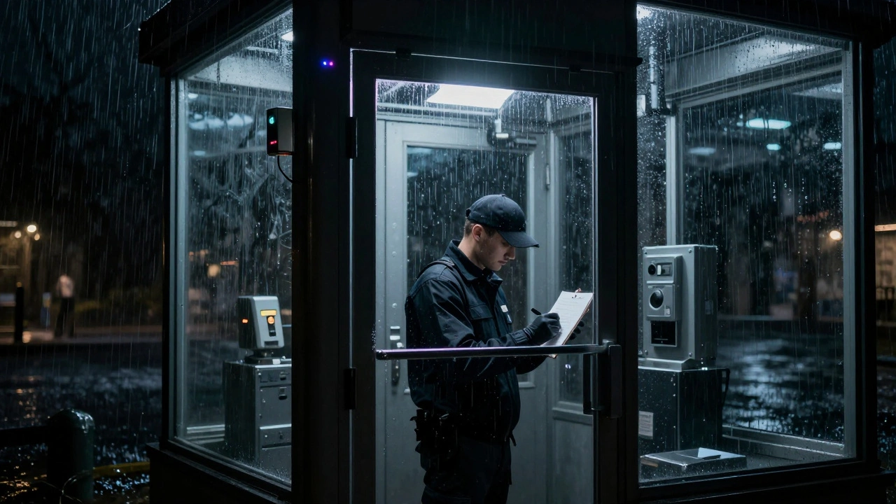 A secure art storage facility at night with alarm lights glowing, a handler logging access during a storm outside.