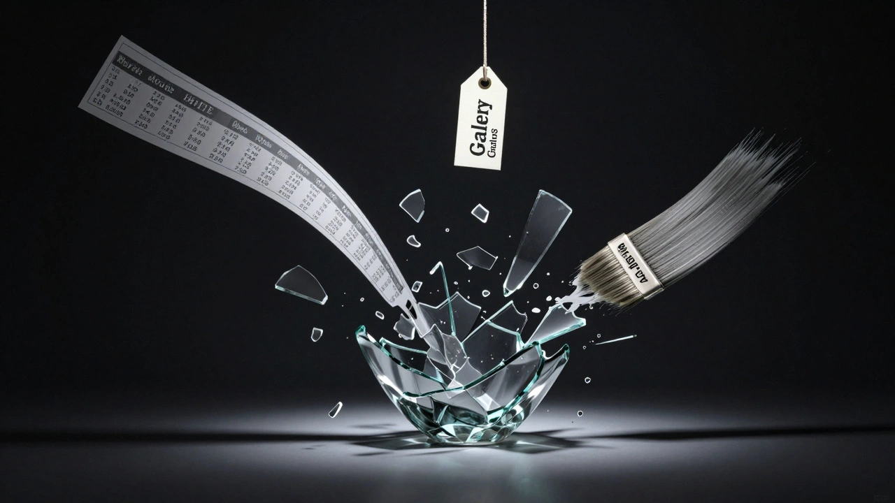 A shattered sculpture with three streams of light forming auction data, gallery tags, and a rebuilding brushstroke.