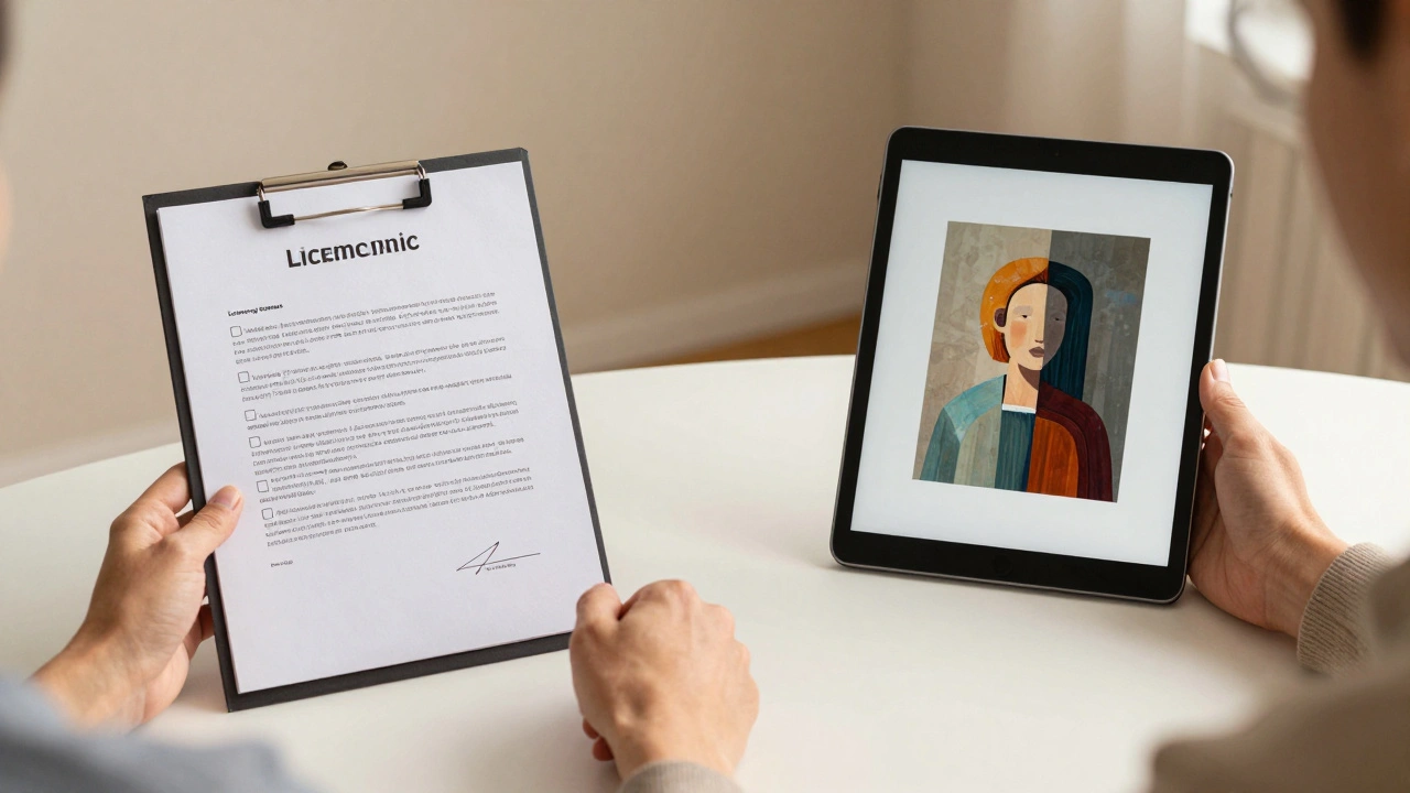 A signed licensing agreement and digital tablet showing a watermarked artwork, with hands shaking over a clean table.