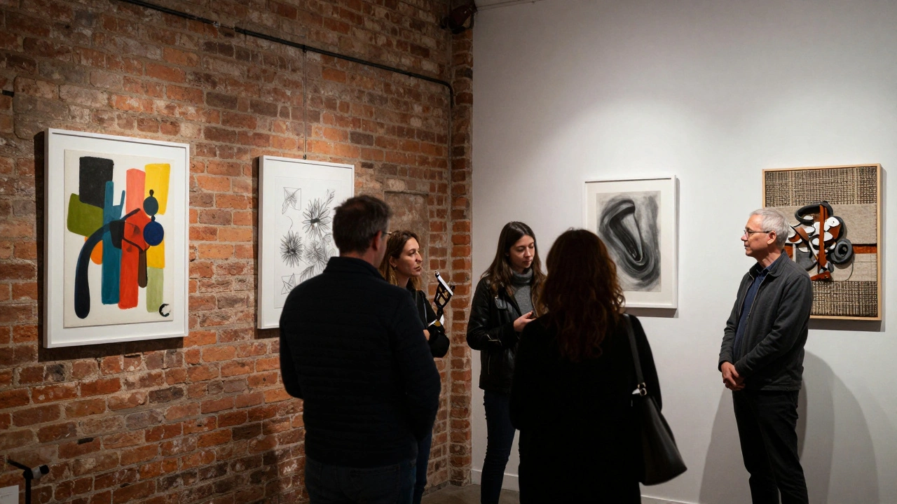 A small group exhibition with five distinct artworks on display, visitors engaging thoughtfully.