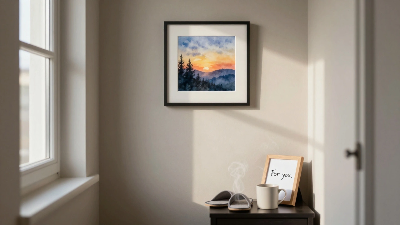 A small painting hangs in a quiet home hallway, lit by morning light, with a mug and slippers nearby.