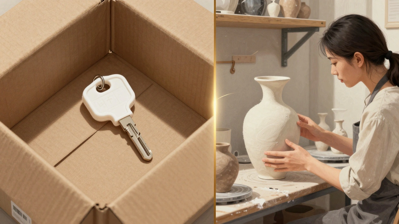 A split image contrasting a mass-produced plastic keychain with a locally made ceramic vase being placed in a museum display.